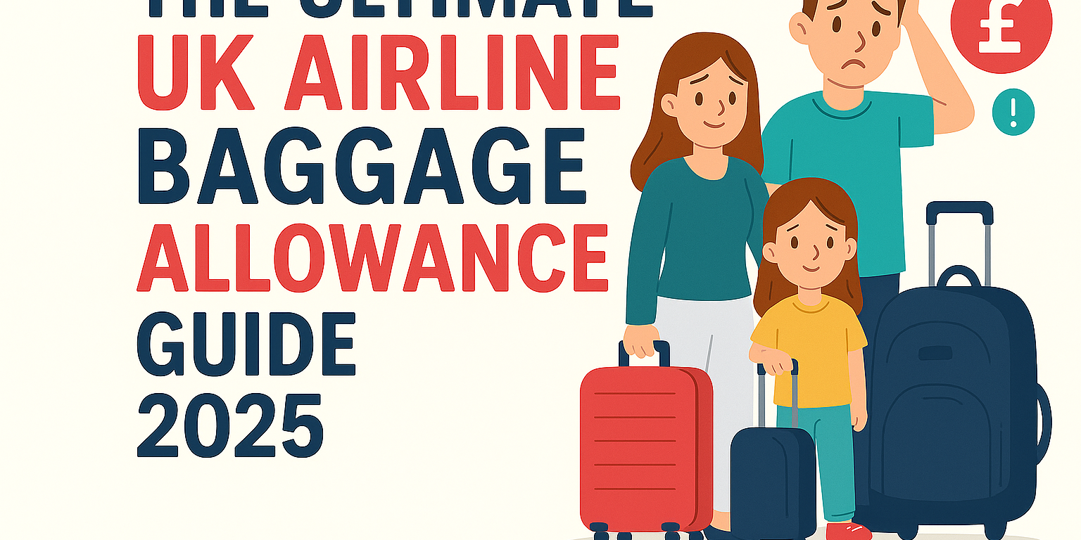 Family with suitcases for 2025 UK airline baggage allowance guide showing concern over fees and restrictions