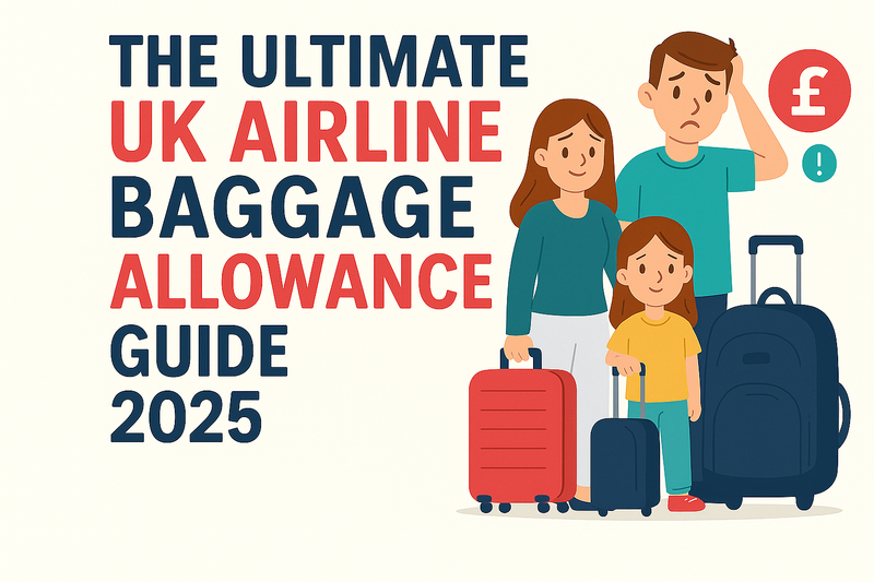 Family with suitcases for 2025 UK airline baggage allowance guide showing concern over fees and restrictions
