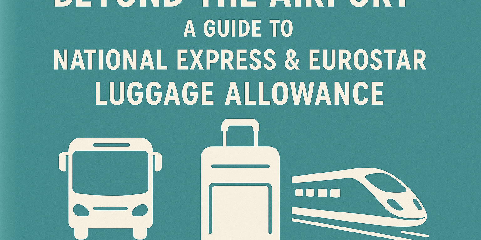 National Express and Eurostar luggage allowance guide with bus suitcase and train icons on teal background