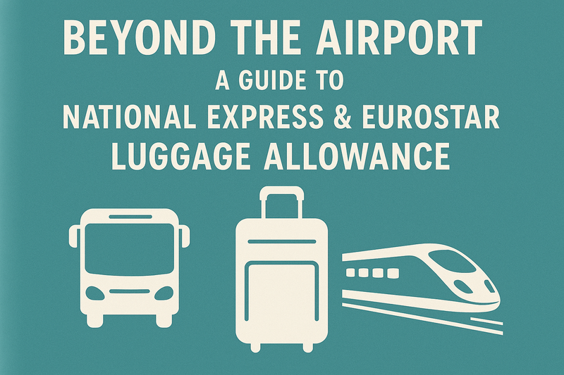 National Express and Eurostar luggage allowance guide with bus suitcase and train icons on teal background