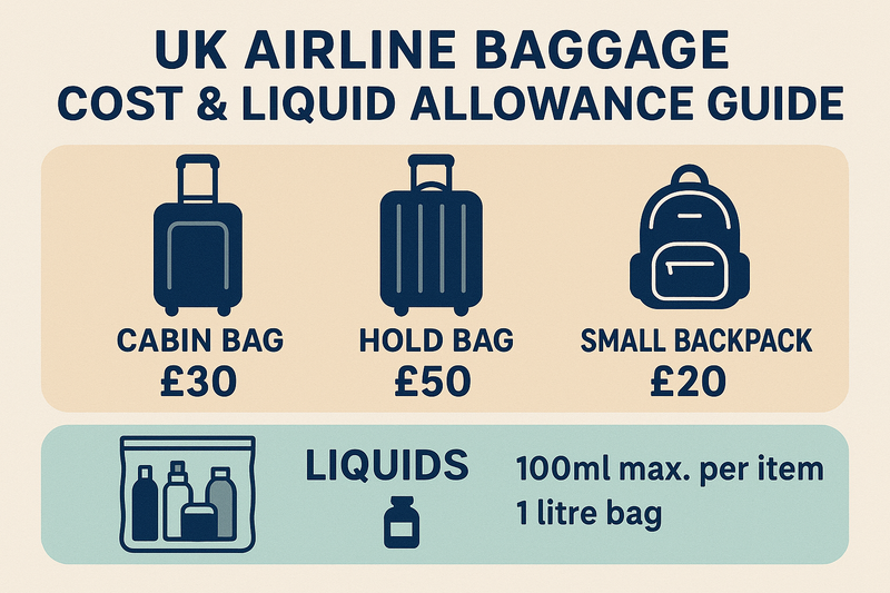UK airline baggage costs cabin £30 hold £50 backpack £20 liquids 100ml per item in 1 litre bag