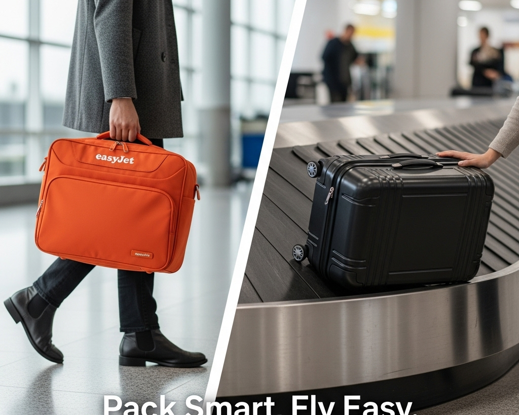 A visual comparison of an EasyJet large cabin bag being carried quickly through an airport terminal versus a checked hold luggage bag on a carousel, illustrating the cost and convenience analysis for EasyJet Large Cabin Bag vs. Checked Hold Luggage.