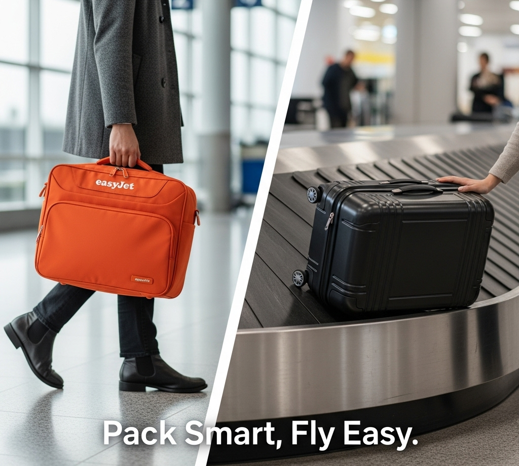 A visual comparison of an EasyJet large cabin bag being carried quickly through an airport terminal versus a checked hold luggage bag on a carousel, illustrating the cost and convenience analysis for EasyJet Large Cabin Bag vs. Checked Hold Luggage.