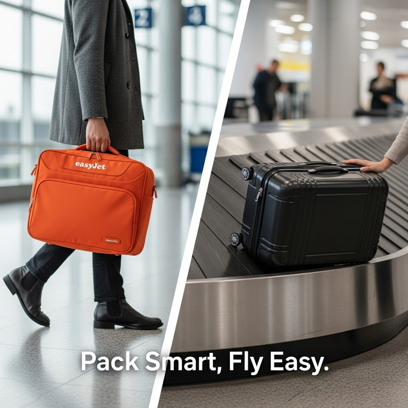 A visual comparison of an EasyJet large cabin bag being carried quickly through an airport terminal versus a checked hold luggage bag on a carousel, illustrating the cost and convenience analysis for EasyJet Large Cabin Bag vs. Checked Hold Luggage.