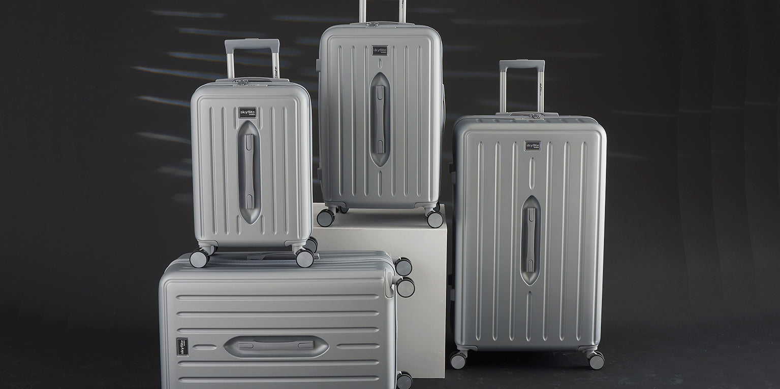 Four silver hard shell suitcases of different sizes with spinner wheels and telescopic handles, displayed against a dark background. The luggage features a modern, sleek design with vertical ridges and Skyflite branding.
