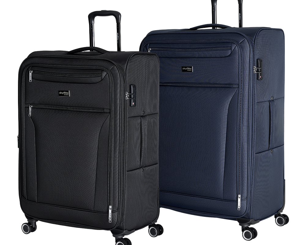 The Skyflite Continental lightweight soft luggage collection, showing three black trolley cases in small, medium, and extra-large sizes.