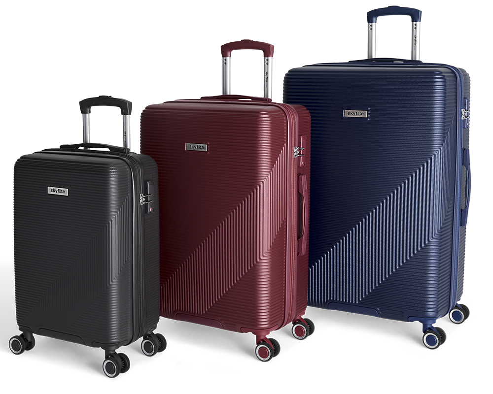 The Skyflite Zest luggage collection in three sizes—large, medium, and cabin—all in a vibrant teal with colour-coded spinner wheels and fittings.