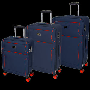 Skyflite Transit 3-piece expandable soft shell luggage set in navy blue, shown in carry-on, medium, and large sizes.