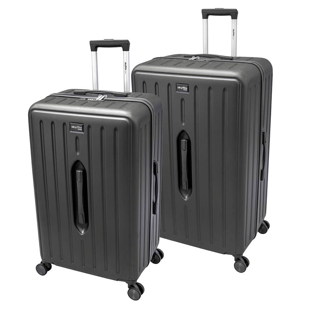 Skyflite Modern Trunk 2-piece hardshell luggage set in charcoal, showing the large check-in and smaller carry-on suitcases.
