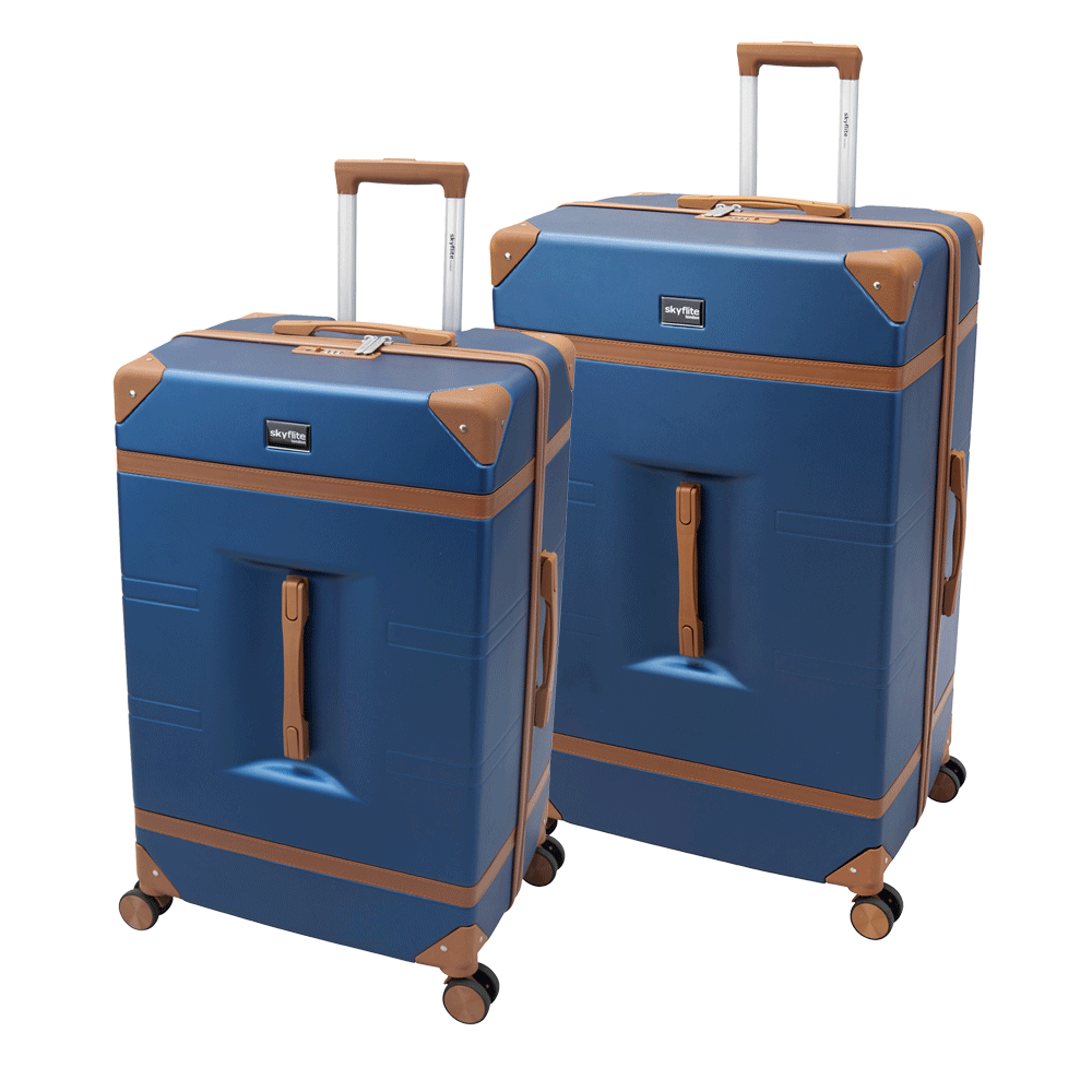 Skyflite Retro Trunk 2-piece hardshell luggage set in classic light blue, showing the carry-on and check-in suitcases with a vintage trunk design.