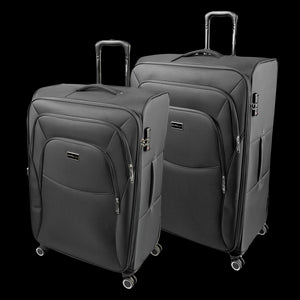 Skyflite Continental 2-piece soft shell luggage set in black, featuring the large and medium expandable suitcases with 8 wheels.