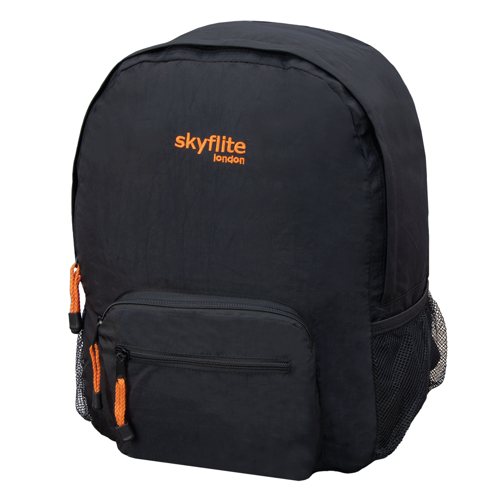 Side profile of the lightweight, black Skyflite Onboard Folding Rucksack, showing the front zip pocket and side mesh pouch.