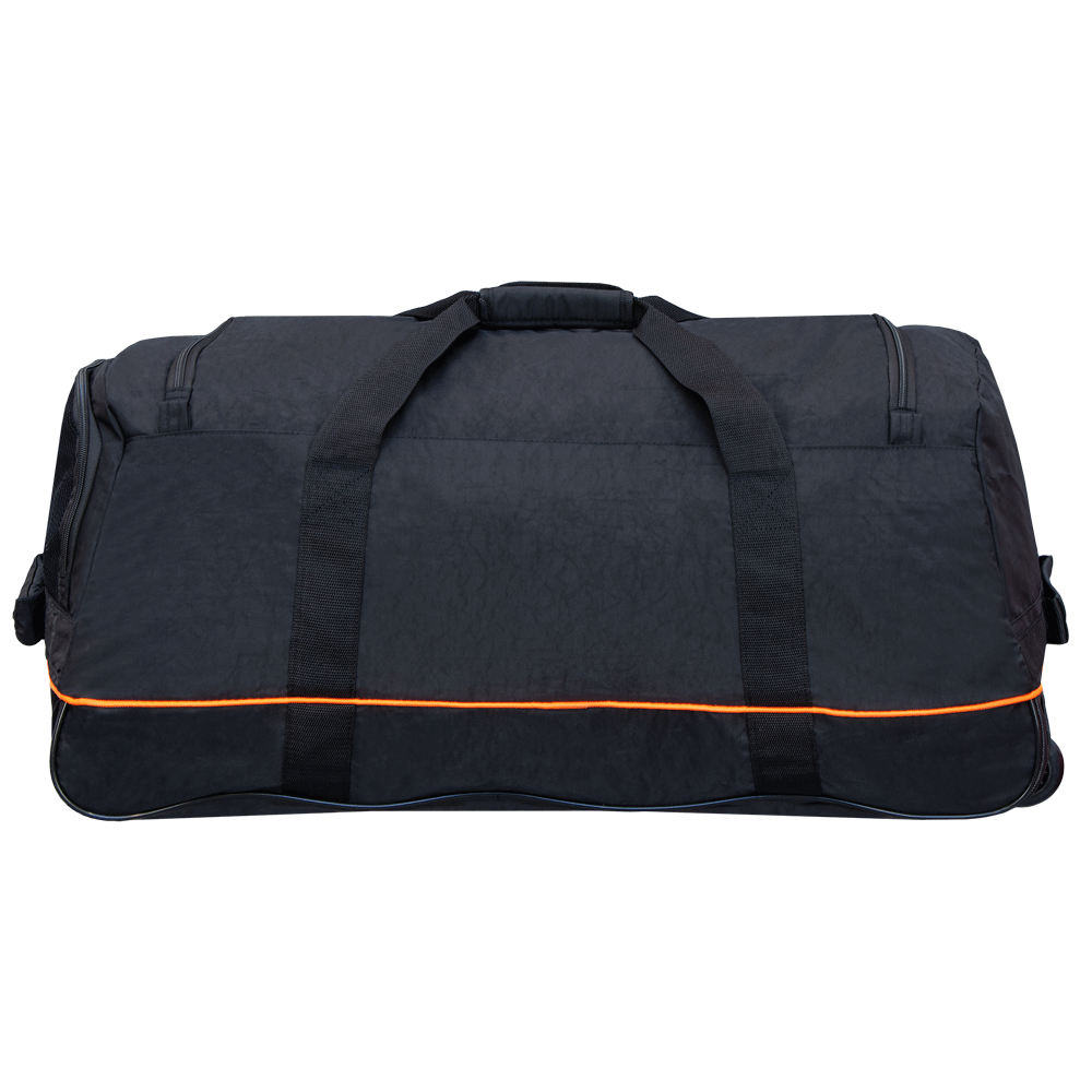 Rear of a lightweight, black wheeled duffle bag, showing the durable wheels and retracted telescopic handle.
