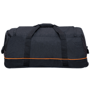Rear of a lightweight, black wheeled duffle bag, showing the durable wheels and retracted telescopic handle.